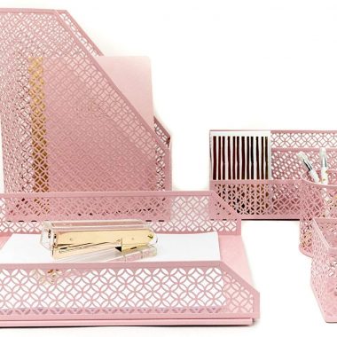 Blu Monaco Office Supplies Pink Desk Accessories for Women-5 Piece Desk Organizer Set-Mail Sorter, Sticky Note Holder, Pen Cup, Magazine Holder, Letter Tray-Pink Room Decor for Women and Teen Girls