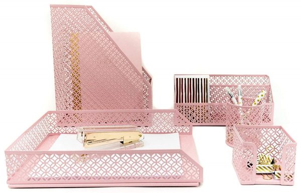 Blu Monaco Office Supplies Pink Desk Accessories for Women-5 Piece Desk Organizer Set-Mail Sorter, Sticky Note Holder, Pen Cup, Magazine Holder, Letter Tray-Pink Room Decor for Women and Teen Girls